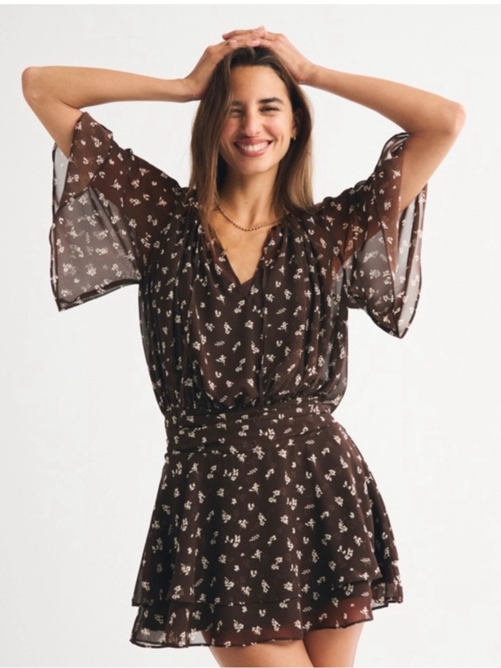 Abercrombie & Fitch Brown Printed Flutter-Sleeve Mini Dress Medium Tall - Picture 2 of 4